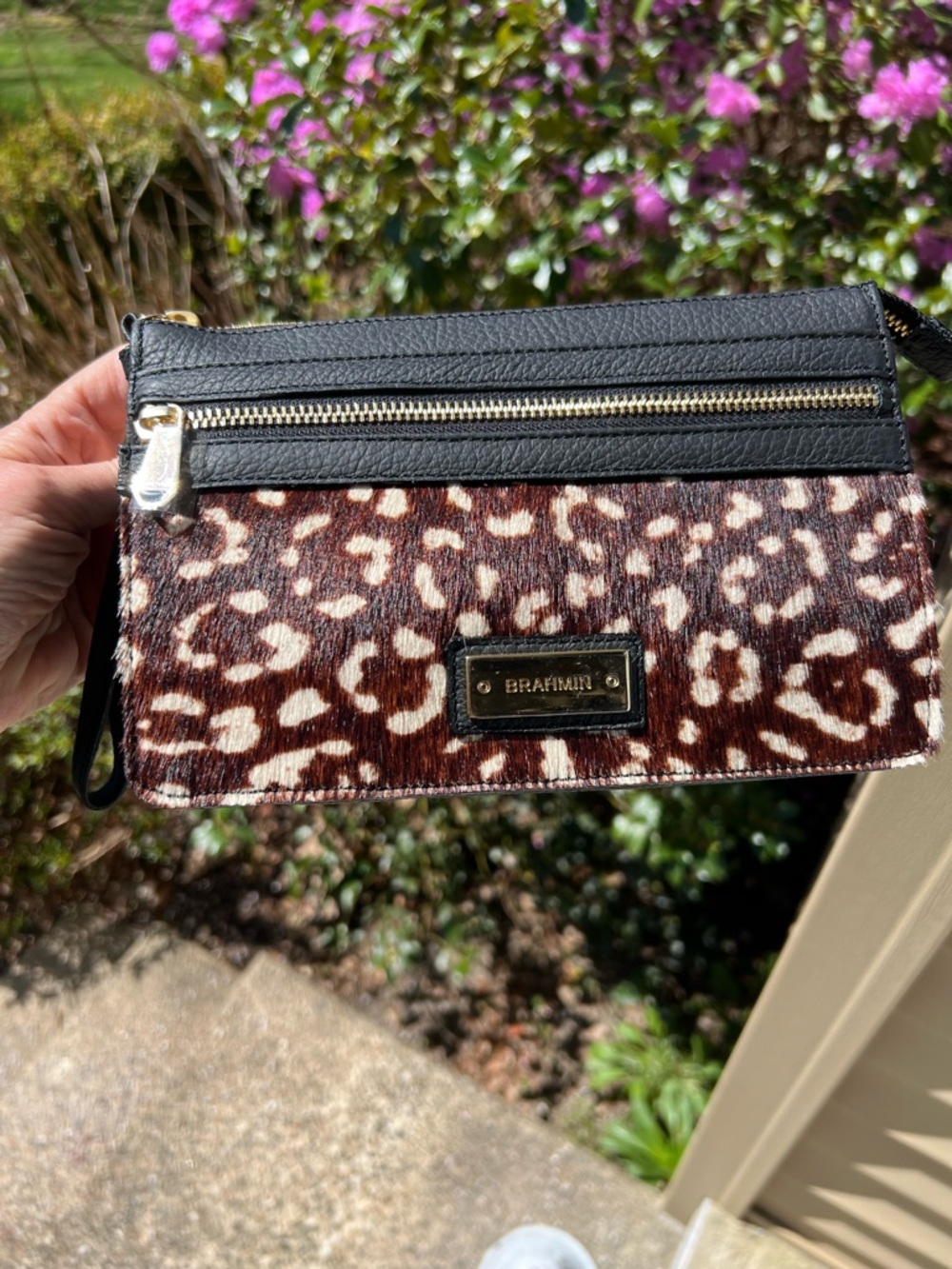 Brahmin Black Leather & Brown Leopard Calf Hair Clutch - Picture 4 of 8